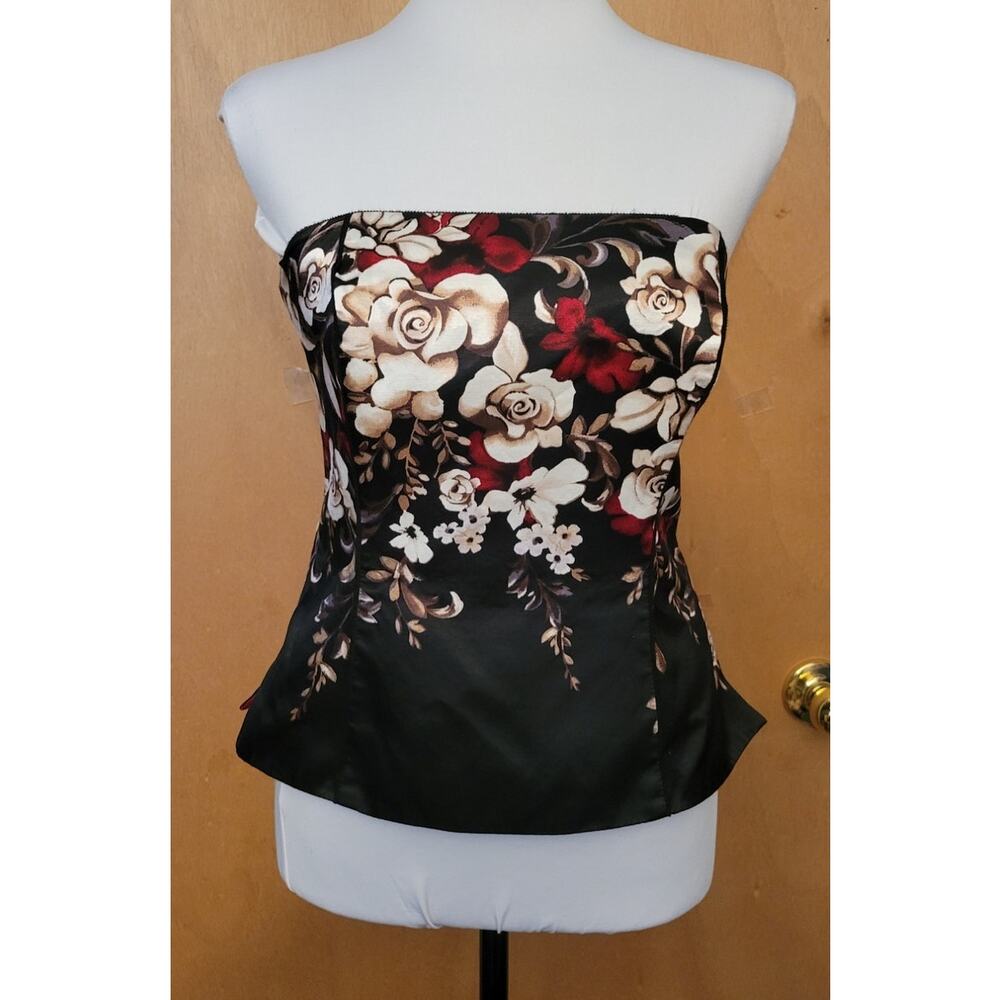 White House Black Market Black Floral Whimsey Goth Zip Up Bustier Corset Top - 4